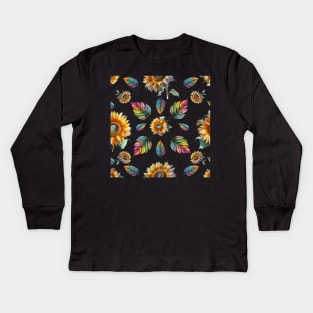 Bright Sunflowers, Floral Pattern Sunflower Drawing Kids Long Sleeve T-Shirt